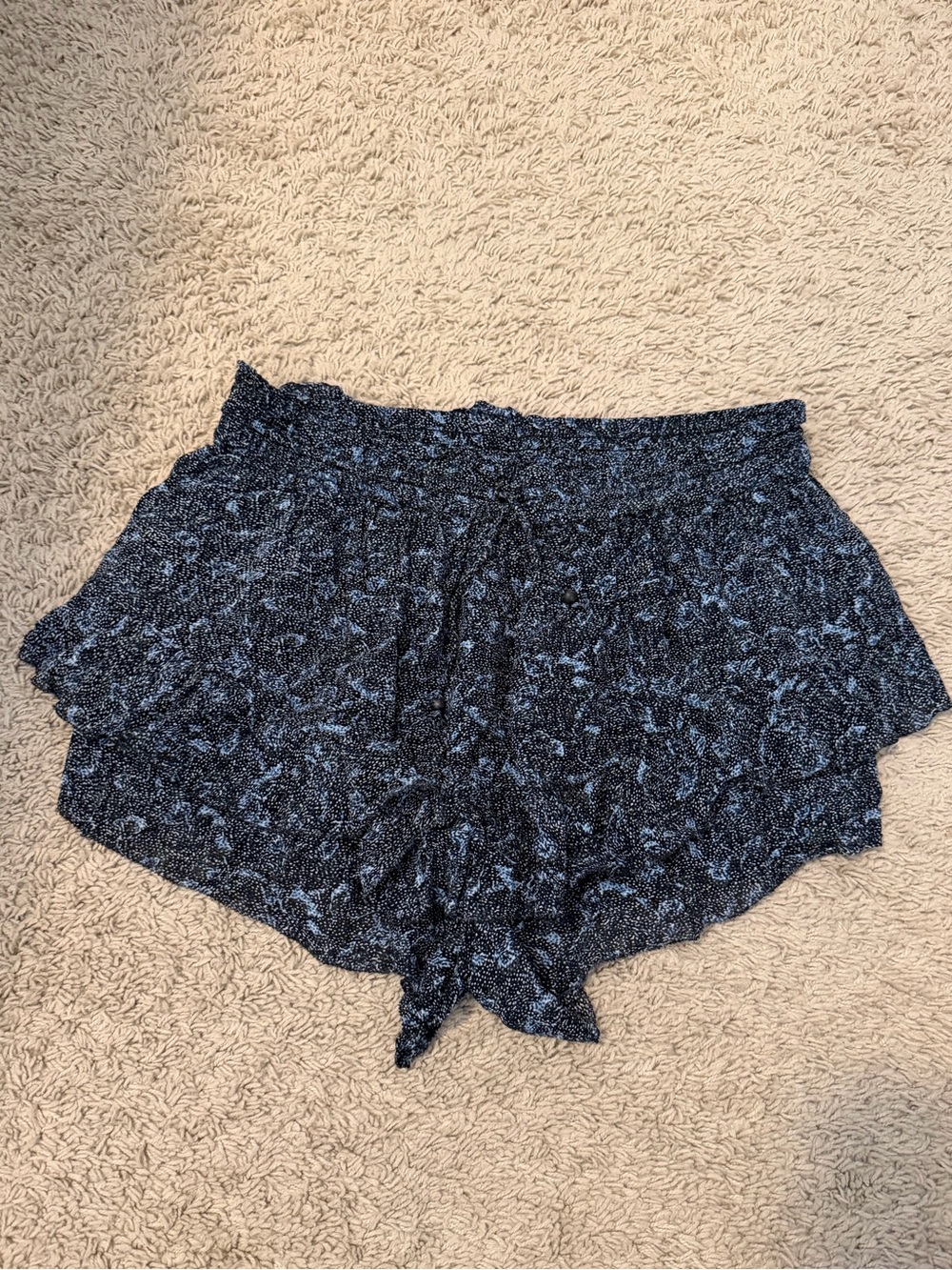 Zara Navy and Light Blue Floral High-Waist Tie Shorts
